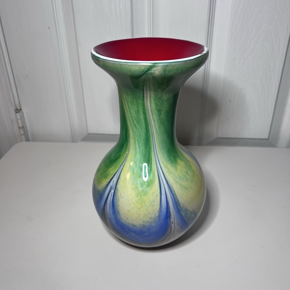 "Swirl of Colors" Art Glass Vase Thick Handblown Vibrant Swirl Pattern 10"